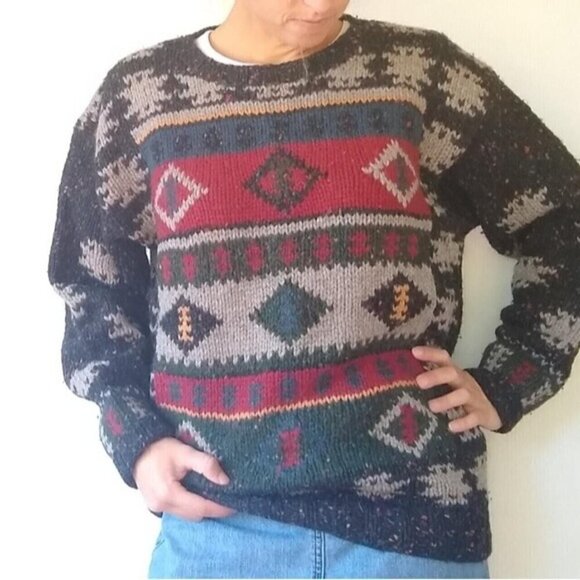 Woolrich Vintage 90’s Men's Sz M Black Red Gray Diamond Patterned Wool Sweater - Picture 1 of 8